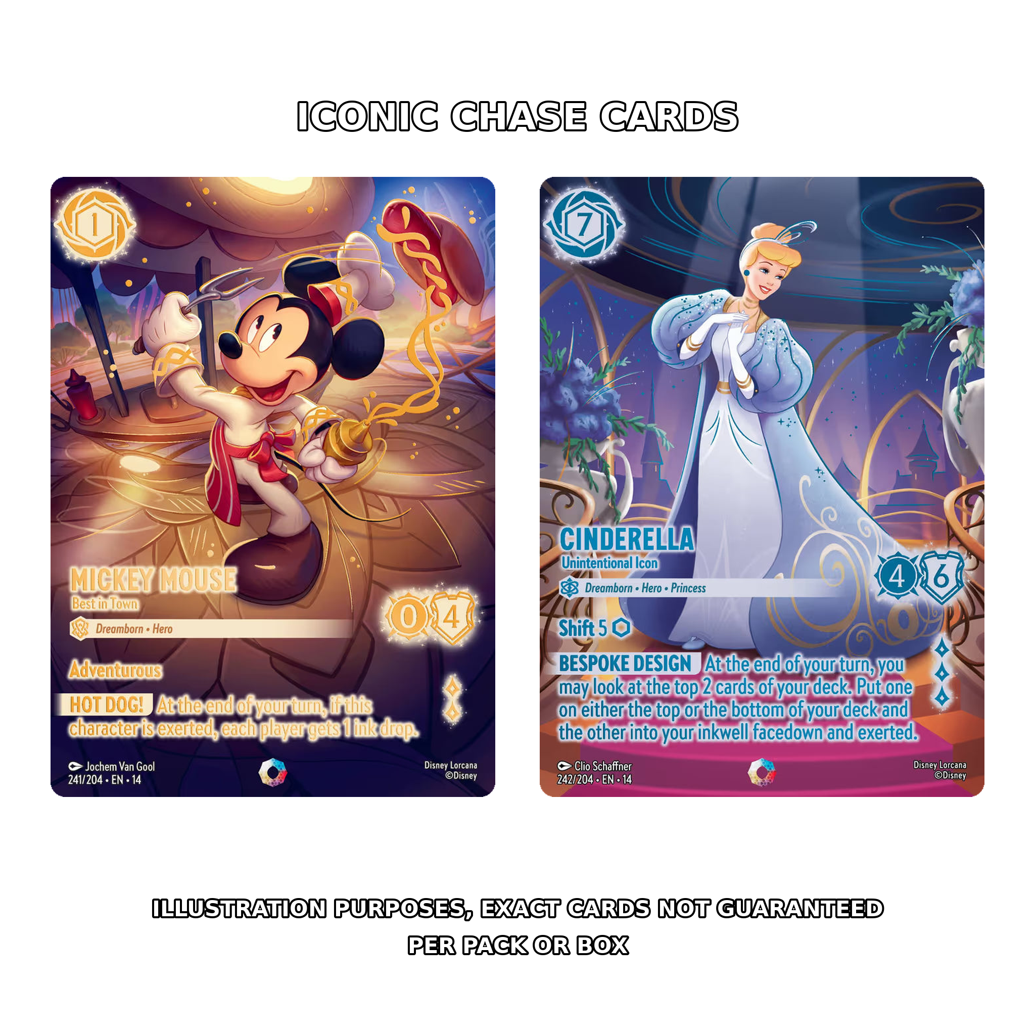 Disney Lorcana Hyperia City English Mickey Mouse and Cinderella Iconic card examples; exact cards not guaranteed
